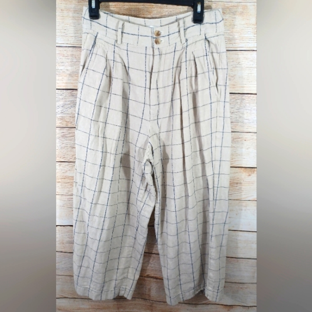 Madewell Pleated Hi-Rise Wide Leg Pants Window Pane Cream Off White Linen Sz 10